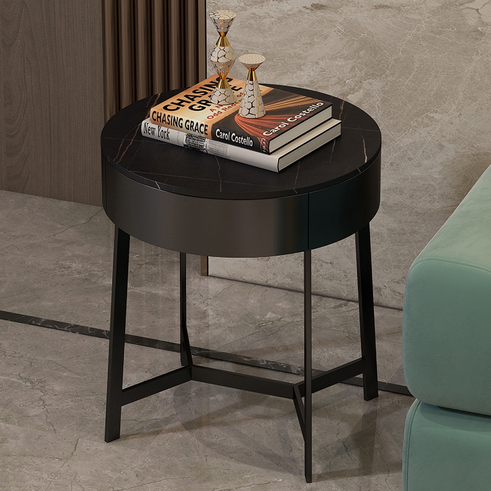 Black Round Side Table with Drawer Sintered Stone Top Accent Table Metal in Gold Finish window image