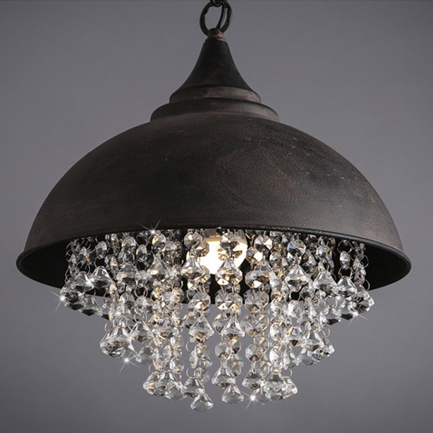 Industrial Rust Metal Dome Shade 1-Light Pendant Light with Clear Crystal Cascade window image