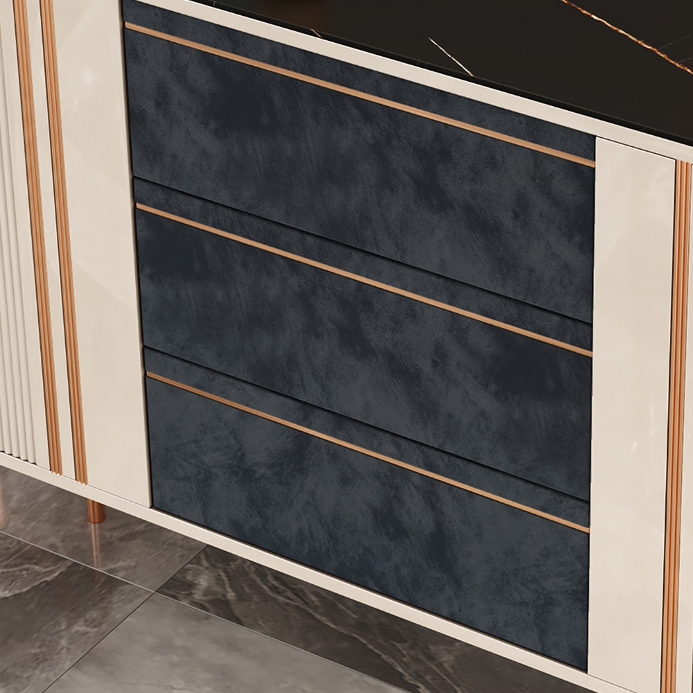 Contemporary White&Black Sideboard Buffet 3 Velvet Upholstery Drawers & 2 Doors and Shelves window image