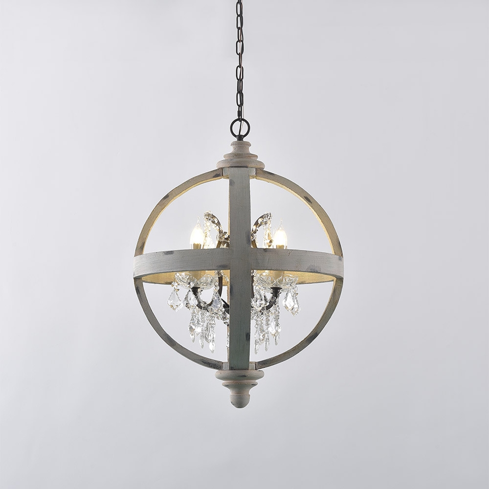 French Country Globe Chandelier 4-Light Wood Orb Crystal Chandelier Antique White window image