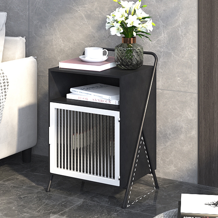 Black Square End Table with Glass Door & Open Storage Metal Bedside Table window image