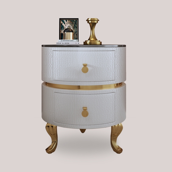 Modern Round White & Gold Microfiber Leather Nightstand with Drawers Glass Top window image