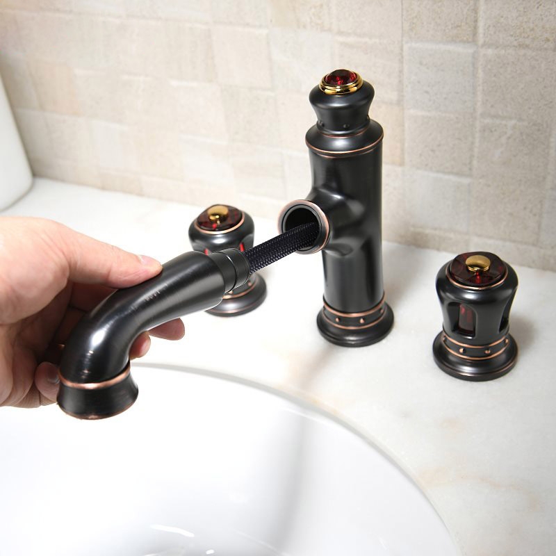 Classic Widespread Pull-Out Spray Bathroom Sink Faucet with Double Handle in Antique Black window image