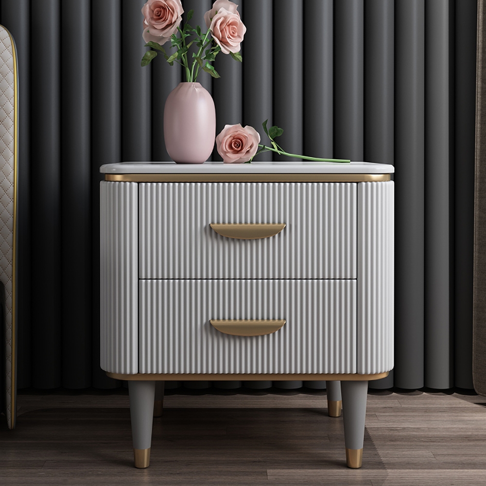 White Nightstand 2 Drawers Faux Marble Top Bedside Cabinet with Gold Pulls window image