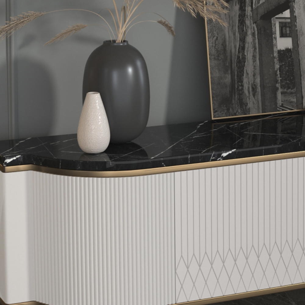 Modern TV Stand Black Faux Marble Top 2 Doors Console Media for TVs up to 85" window image