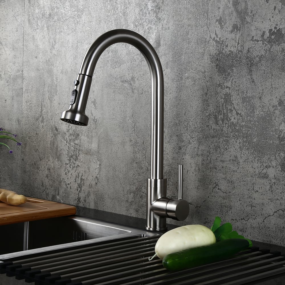 Commercial 3-Function Pull Down Spray Swivel Sprayhead Kitchen Sink Faucet with Deck Plate Brushed Nickel Brass window image