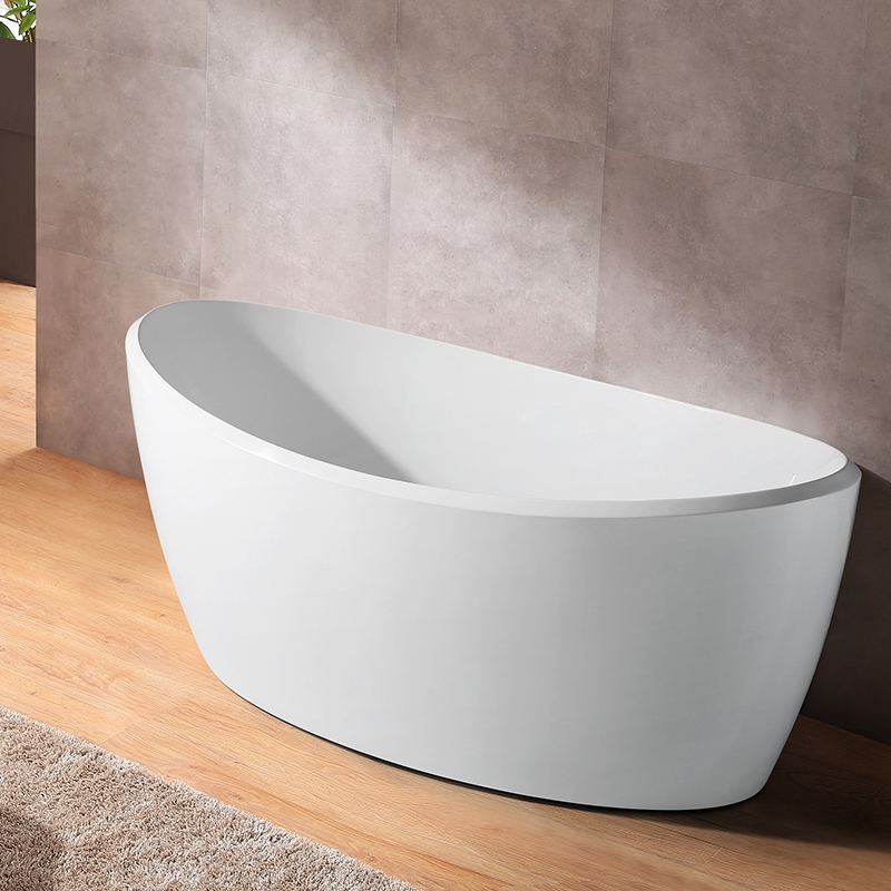 67" White Oval Freestanding Soaking Bathtub High Gloss Acrylic Reversible Drain & Overflow Chrome window image