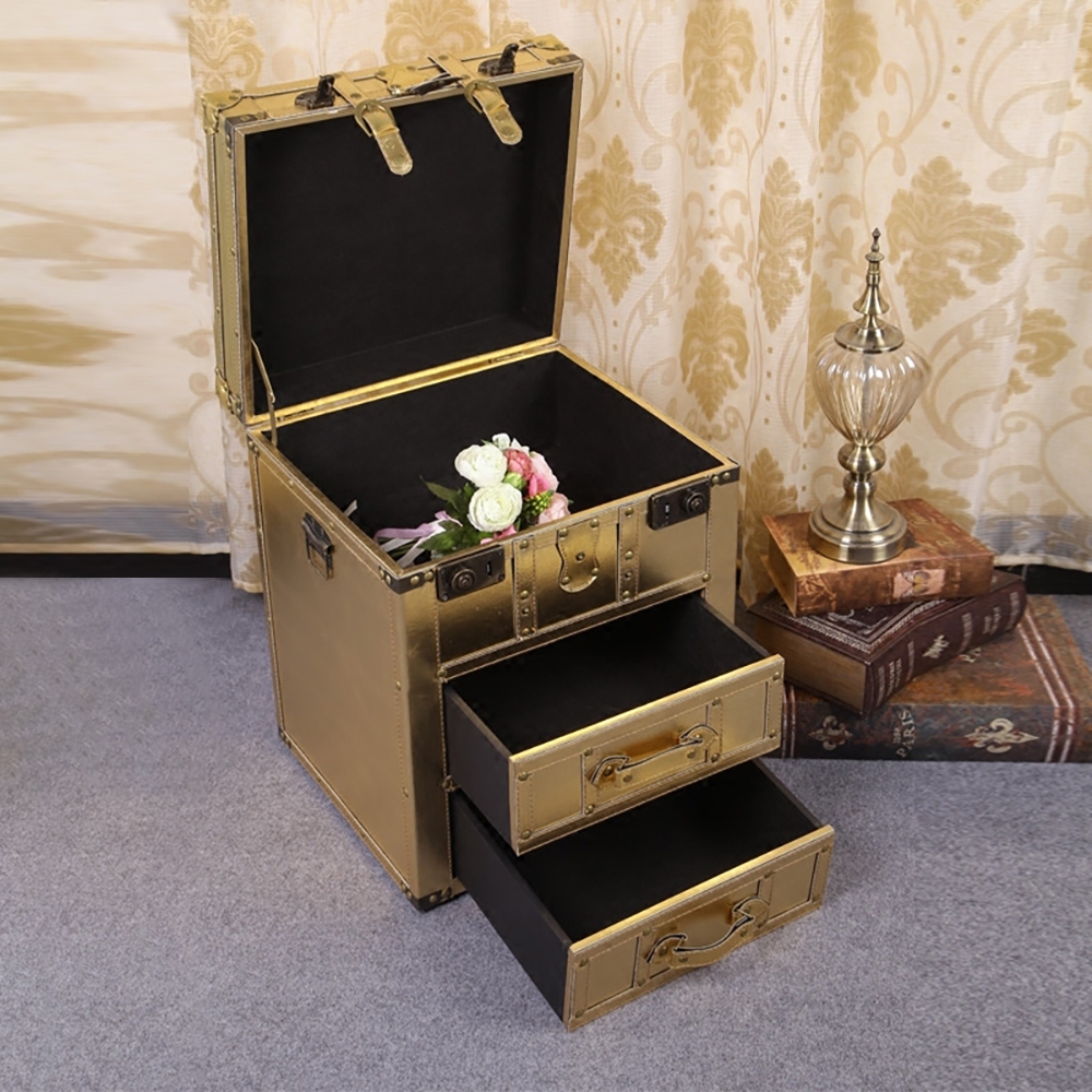 Industrial Gold Nightstand with 2 Drawers & Lift Top Storage Bedside Table window image