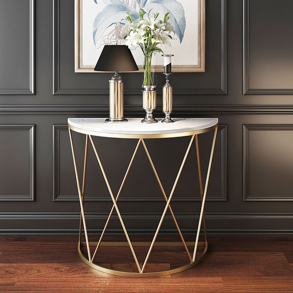 Modern Luxury Faux Marble Narrow Console Table Semicircle Table Gold window image