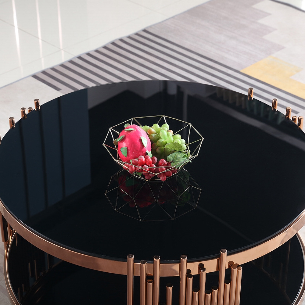 Black Modern Round Coffee Table Glass Top with Storage window image