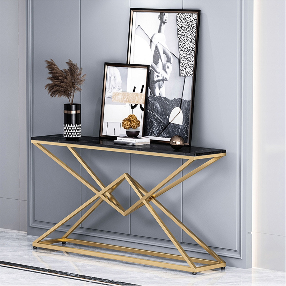 Modern White Luxury Sintered Stone Narrow Console Table Rectangular Gold Finish window image