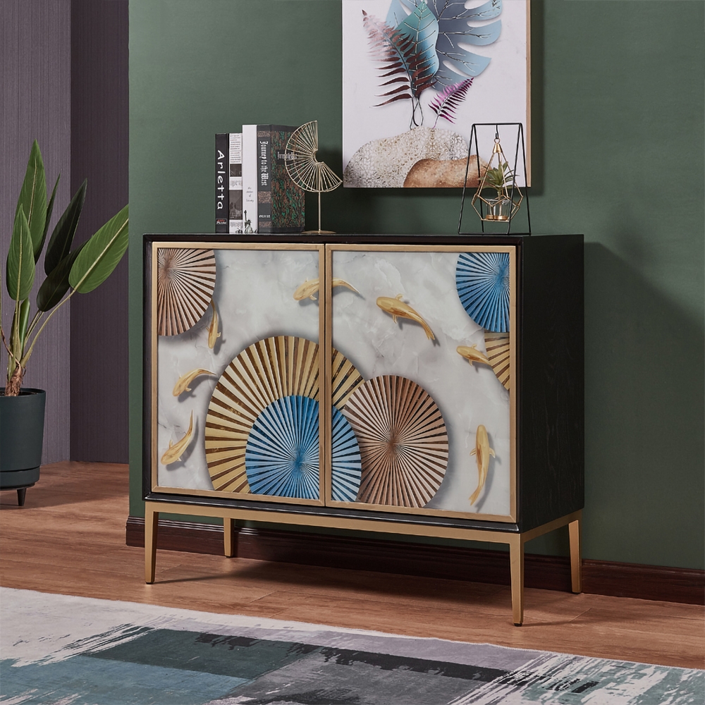 Luxury Sideboard Glass Drawing Panel Buffet with Doors and Shelves Gold Finish in Small window image