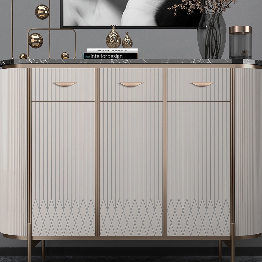 Buffet moderne de 1400 mm avec portes supérieures en faux marbre noir, tiroirs et étagères de taille moyenne image de fenêtre