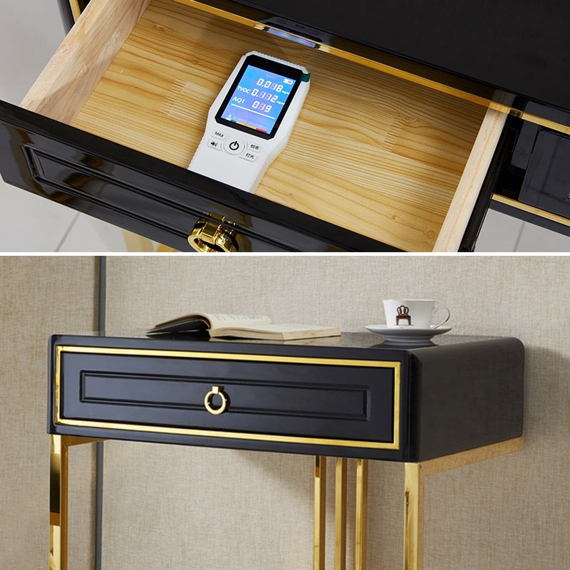 Bureau moderne laqué noir avec tiroir et tabouret, bureau d'ordinateur avec rangement image de fenêtre