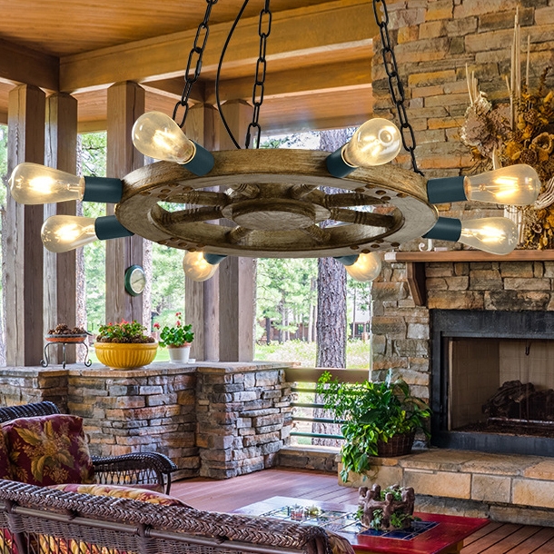 Vintage Farmhouse Distressed Wagon Wheel Light Fixture 8-Light Wagon Wheel Chandelier Black Metal window image