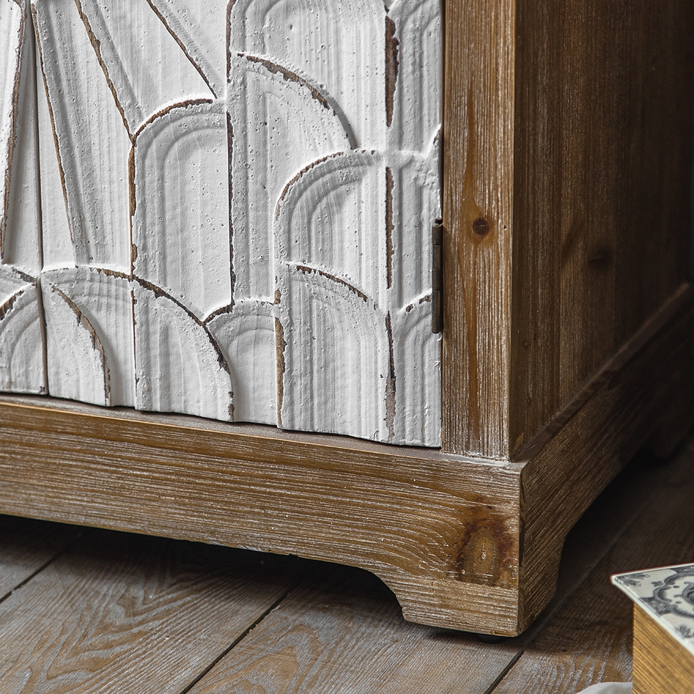 Rustic Distressed White Cabinet Carved Surface with Drawer & Doors window image