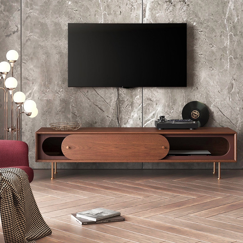 Rustic 72" Wood TV Stand with Storage Rectangular Media Cosole with Sliding Door in Walnut & Brass window image