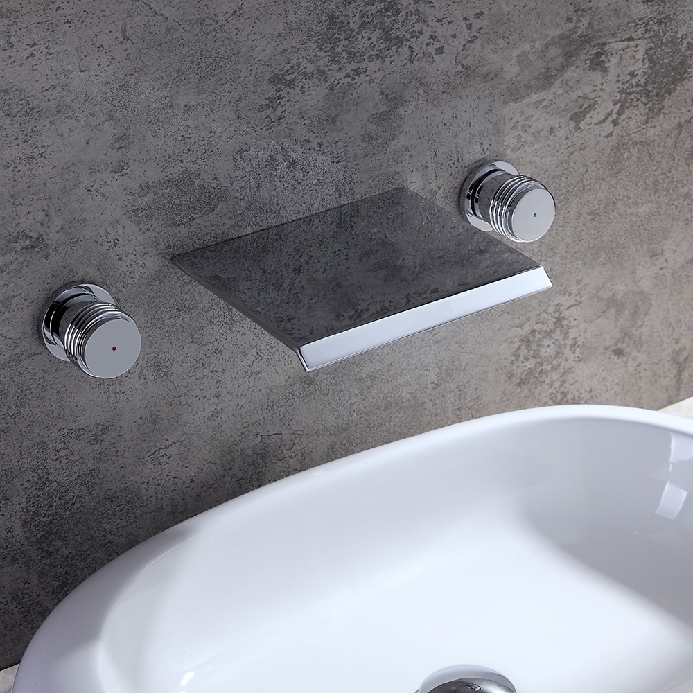 Moda Robinet Moderne Mural Cascade Mitigeur de Lavabo de Salle de Bain Poignées Double en Laiton Massif Chromé image de fenêtre