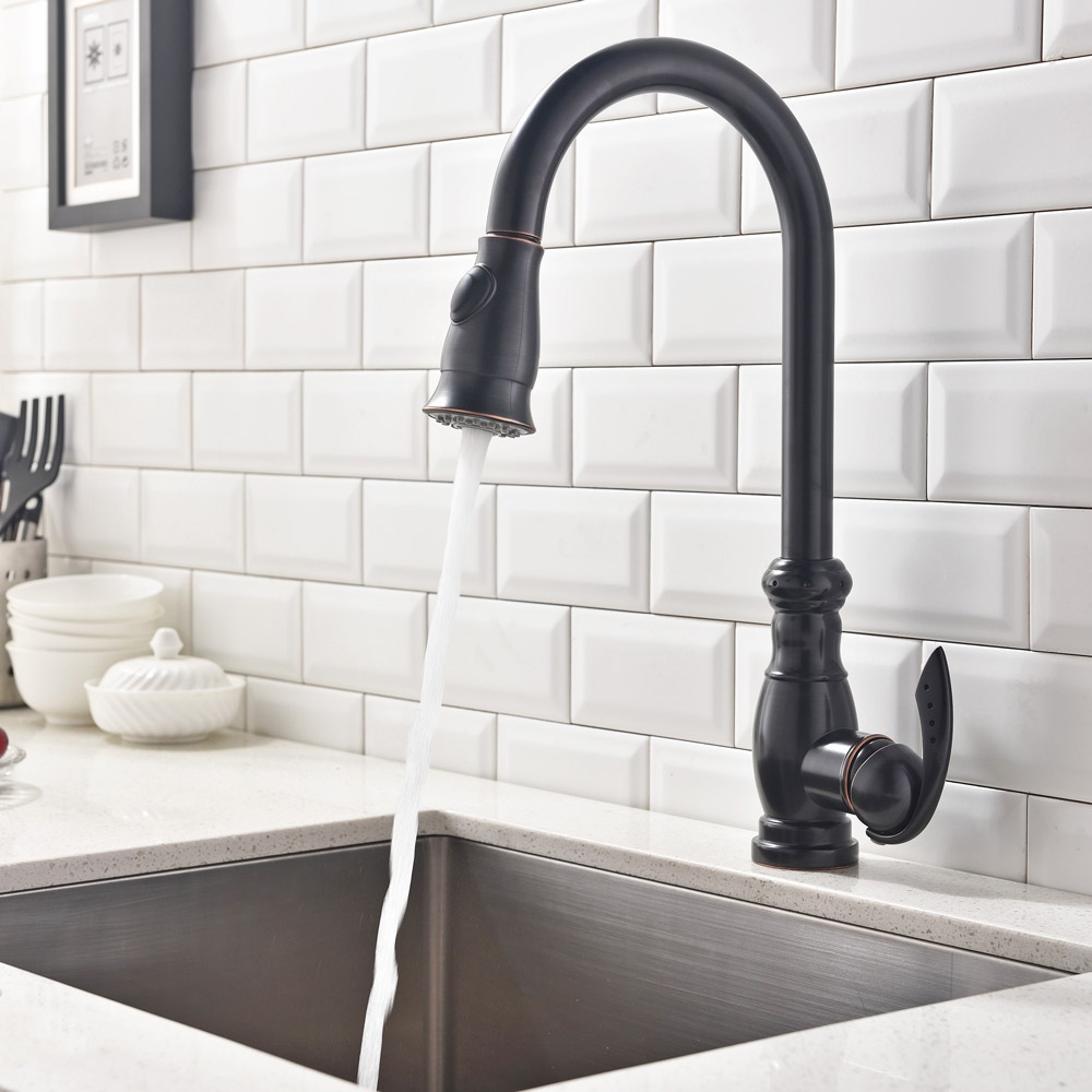 Traditional Goose Neck One-Hole Pull-out Spray Kitchen Faucet with Single Handle Solid Brass in Antique Black window image