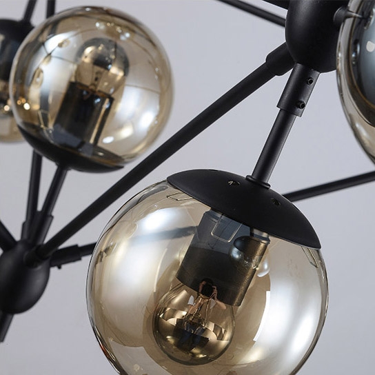 Retro Industrial Loft Multiple Tea Glass Globe Black Iron 15-Light Pendant Light window image