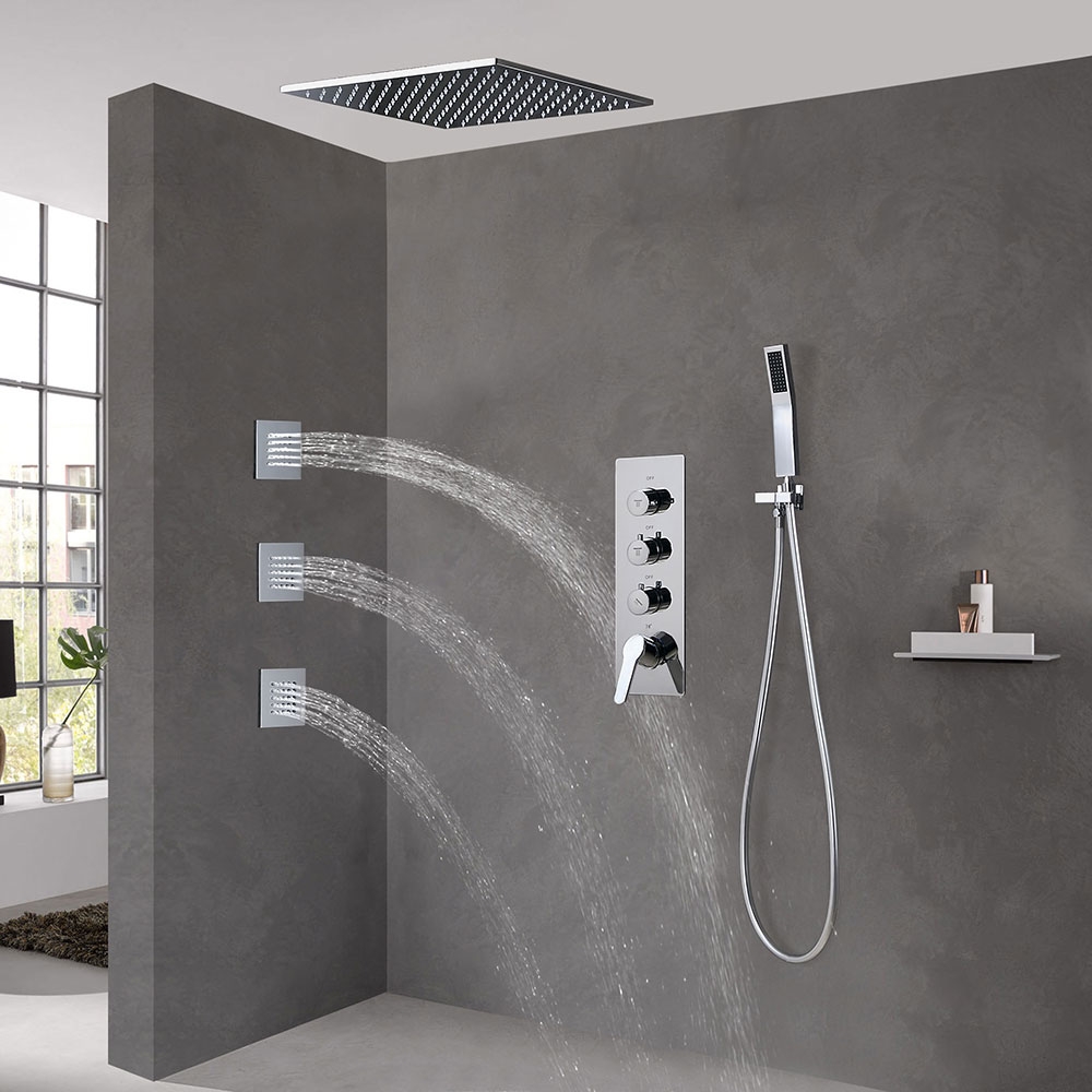 Modern Style 20" Polished Chrome Square Rain Shower System with Handheld Shower & 3 Body Sprays Solid Brass window image