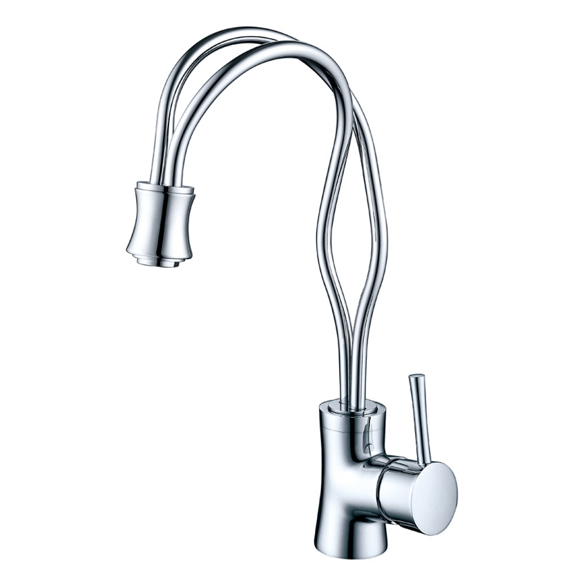 Modern Glistening Single Handle One Hole Brass Kitchen Faucet with Two Pipes in Chrome window image
