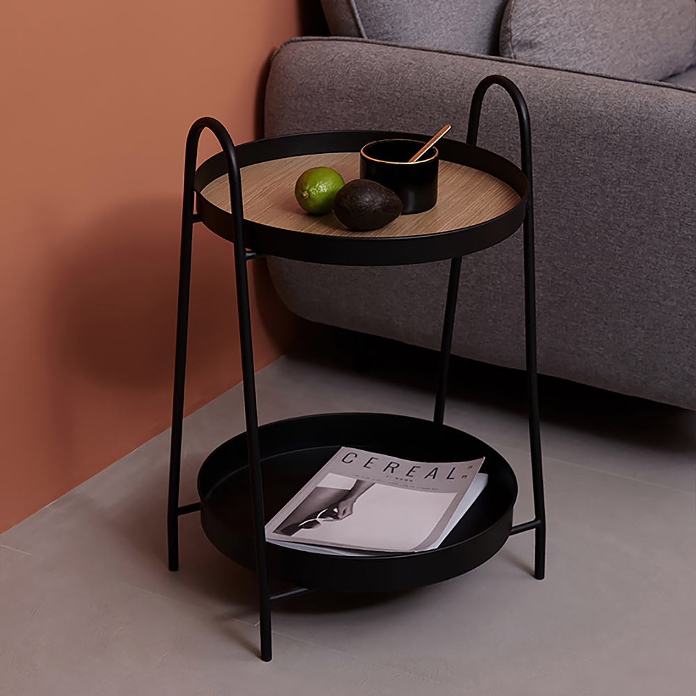 Modern Round End Table for Living Room with Storage MDF&Metal Black window image