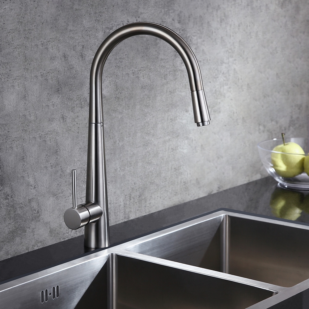 Rubinetto da cucina a spruzzo estraibile con maniglia singola Opula in nichel spazzolato Immagine della finestra