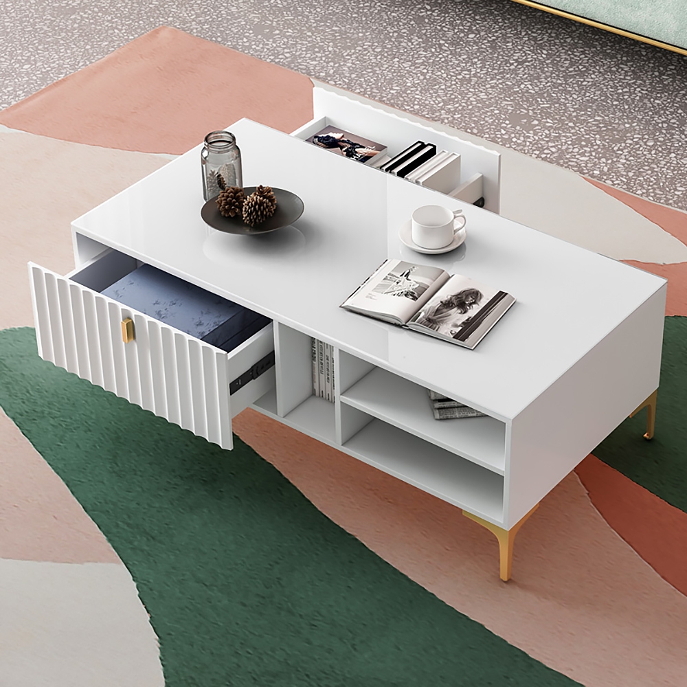 White and Gold Rectangle Coffee Table with Storage 2 Drawers & 3 Shleves window image