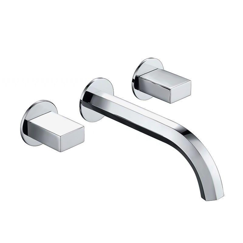 Modern Sleek Style Wall Mounted Bathroom Basin Mixer Tap Double Handle Curved Spout Polished Chrome Solid Brass window image