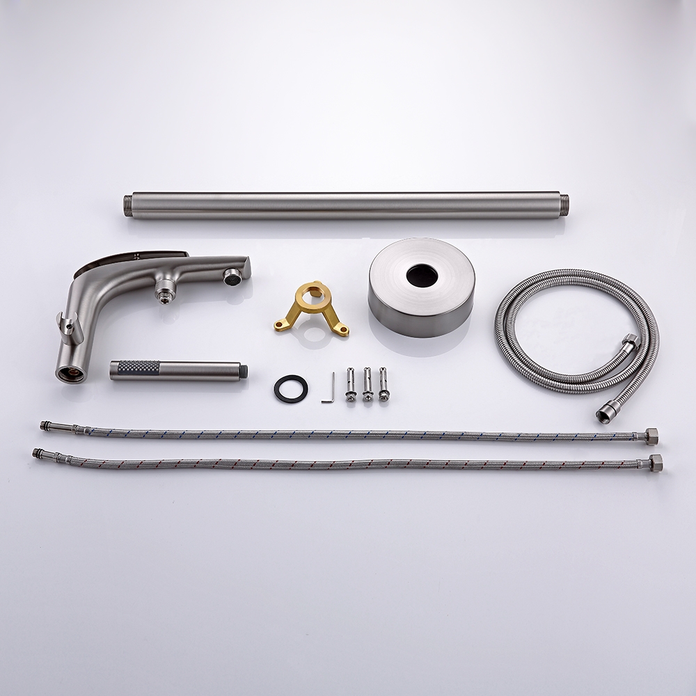Modern Freestanding Tub Filler Faucet with Handshower Single Handle Brushed Nickel Solid Brass window image