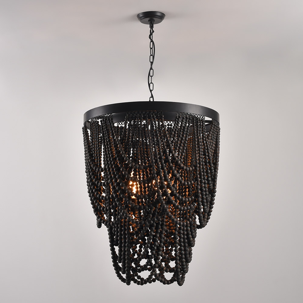 Boho Dark Brown Wooden Draped Bead 3-Light Chandelier window image