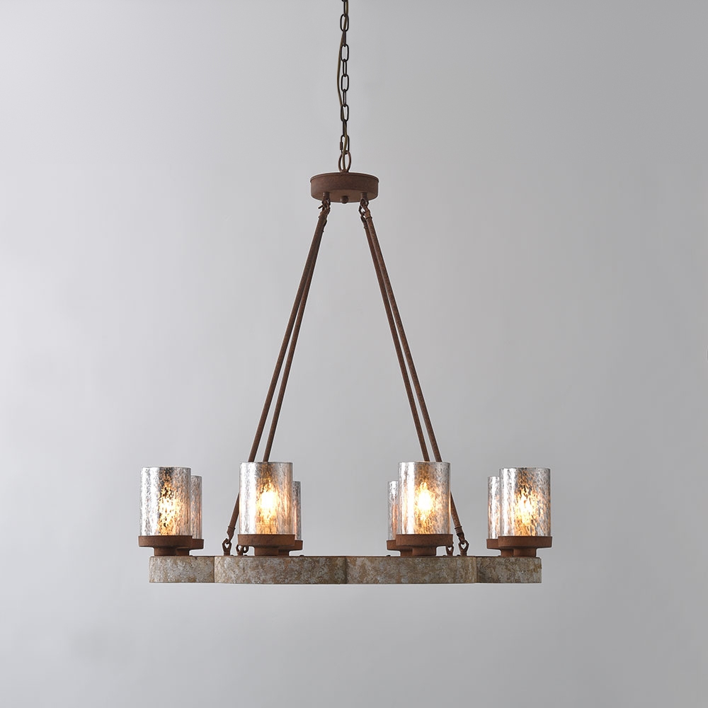 Eolic French Country Antique Mirrored Cylindrical Glass Shade Distressed Wood Frame 8-Light Chandelier Rust Metal window image