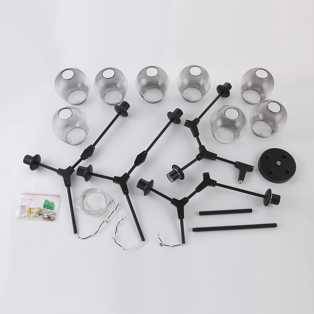 Modern Minimalist Tree Branch Smoky Grey Glass Globe Shade Adjustable Large 8-Light Pendant Light Metal in Black window image