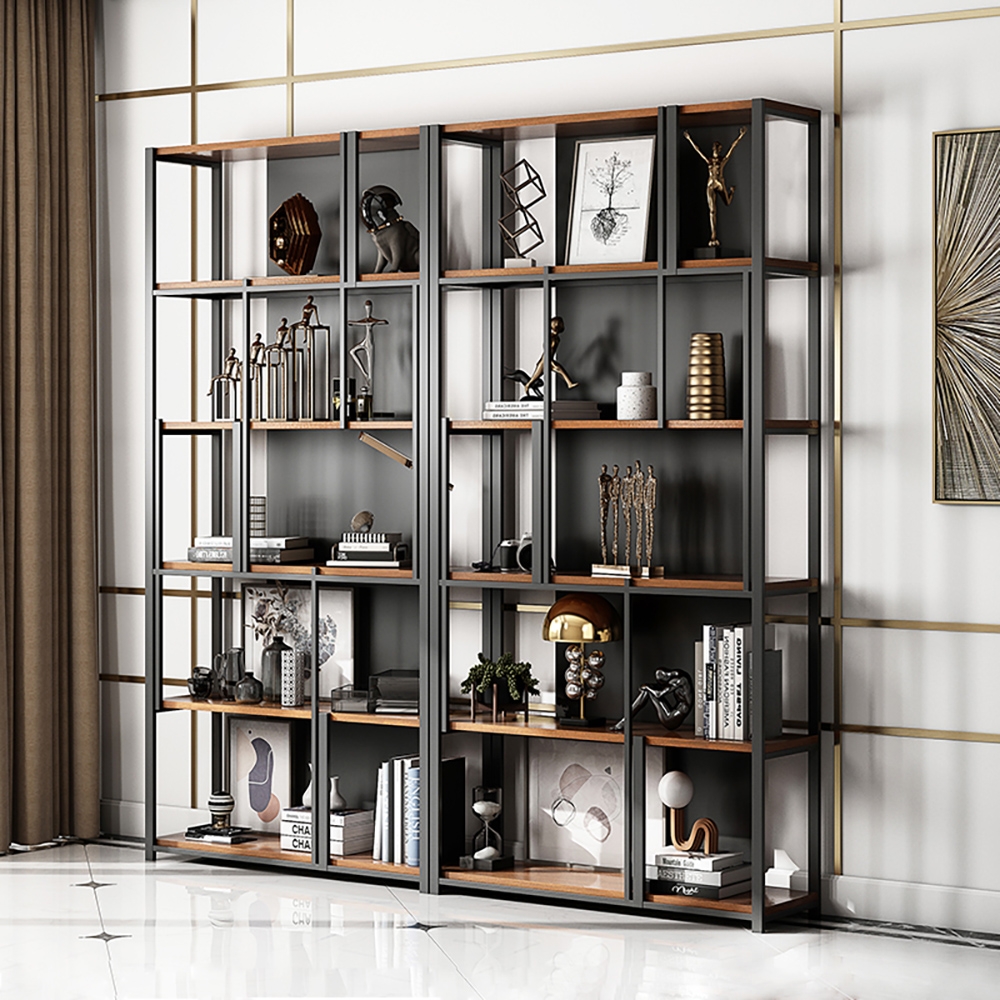 Estante de livros contemporânea Etagere de 5 camadas de 78,7" em preto e natural Imagem da janela