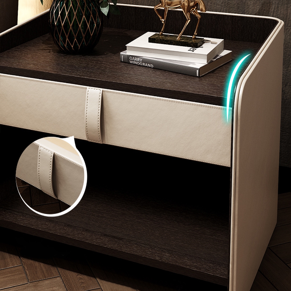 Table de chevet moderne en bois avec revêtement en similicuir avec tiroir et étagère en noyer image de fenêtre