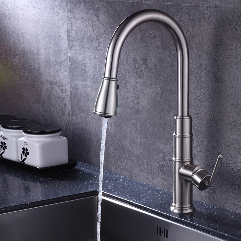 Modern Single Hole Single Handle Brass Pull Out Kitchen Faucet with 3-Function Sprayer in Brushed Nickel Finish window image