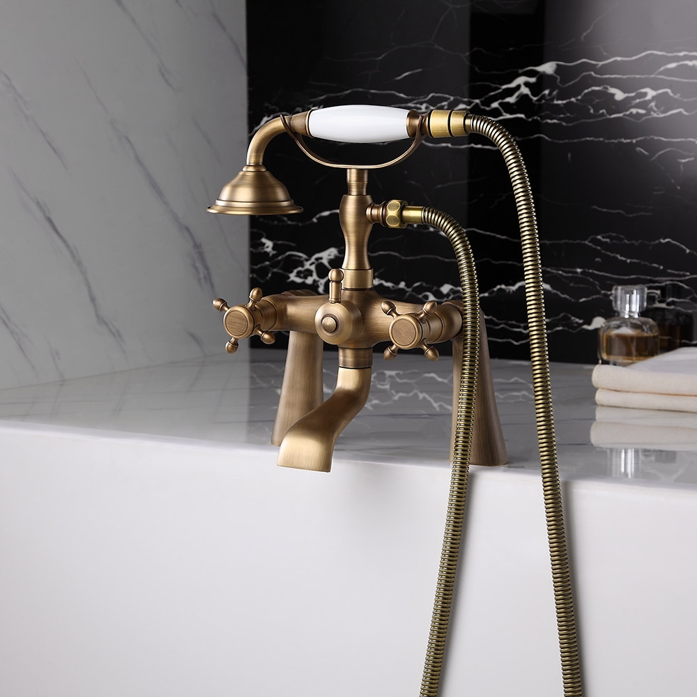Montag Vintage Deck Mounted 2-Handle Antique Brass Tub Faucet with Hand Shower Solid Brass window image