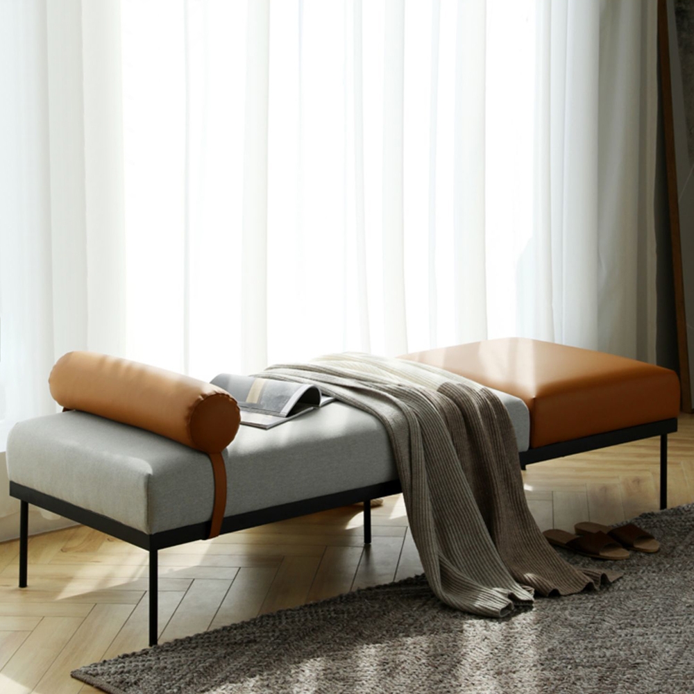 Modern Rectangular Ottoman Grey&Brown PU Leather and Cotton Upholstered Bench window image