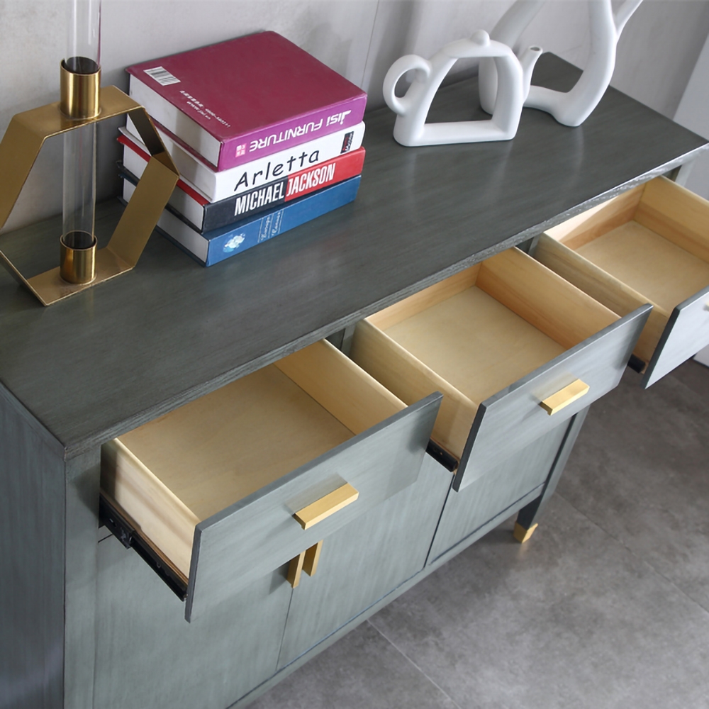 1194mm Grey Vintage Storage Cabinet with 3 Doors & 3 Drawers & 4 Shelves in Gold Finish window image