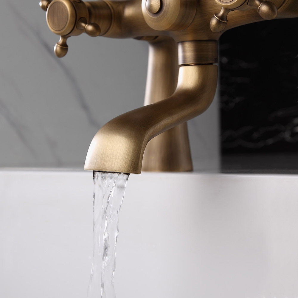 Montag Vintage Deck Mounted 2-Handle Antique Brass Tub Faucet with Hand Shower Solid Brass window image