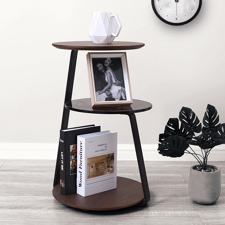 Contemporary Minimalist 3-Tier Side Table Round Walnut Side Table Tempered Glass Side Table with Shelf window image