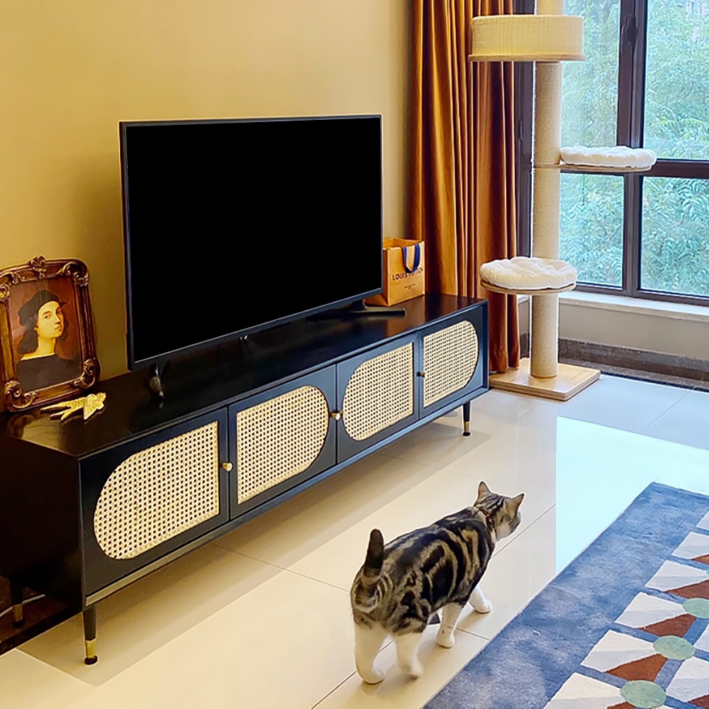 1800mm Solid Wood Rattan TV Stand with 4 Doors Cable Management Nordic Pastoral Style window image
