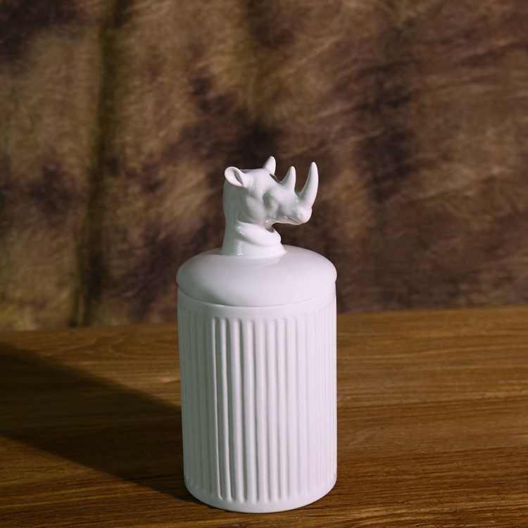 Contemporary Cylinder 4-Piece Ceramic Kitchen Storage Canister Set with Animal Lid in Ivory window image