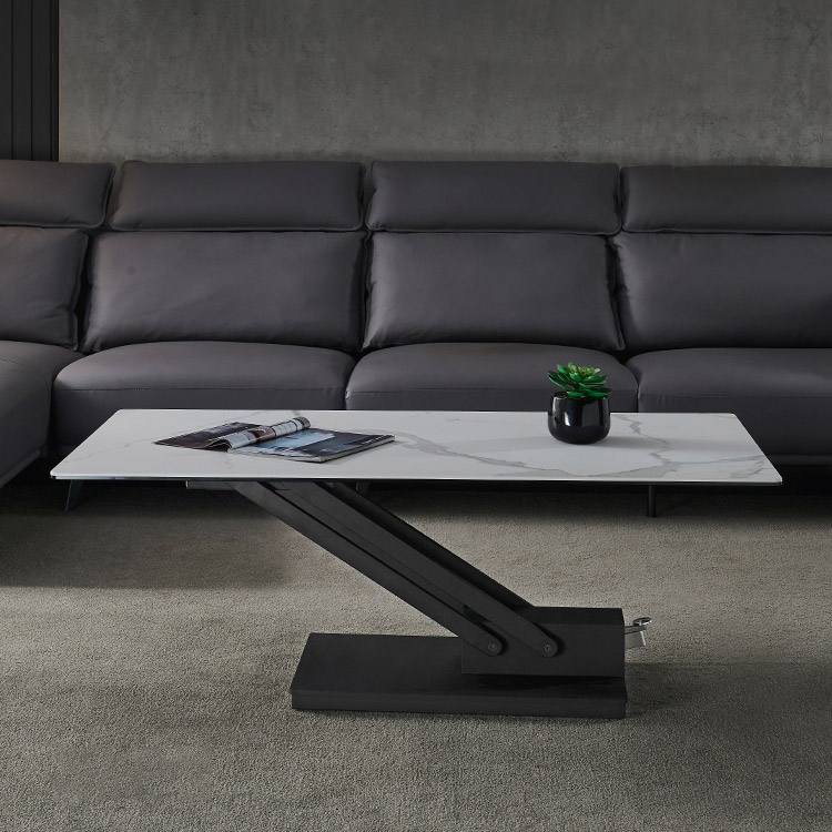 Witte rechthoekige salontafel met verstelbare hoogte en eettafel gesinterde steen Vensterafbeelding