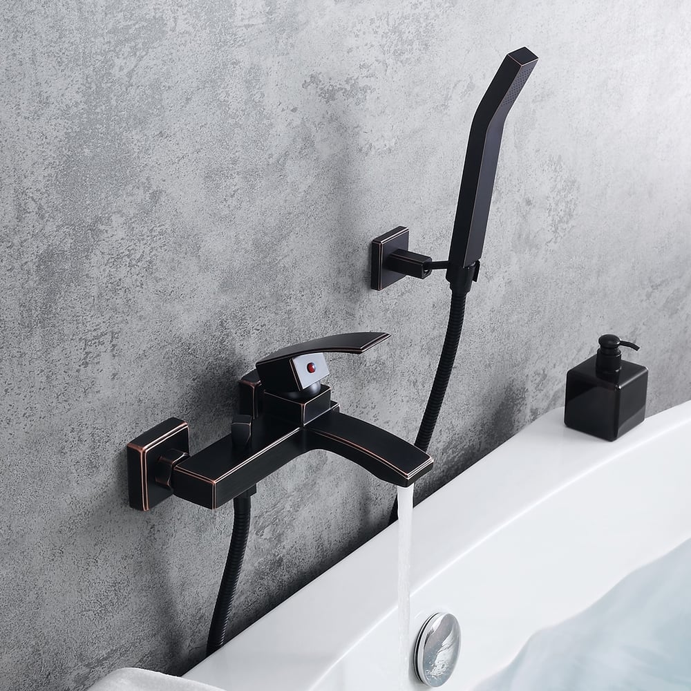 Modern 1-Handle Antique Black Wall-Mount Tub Filler Faucet with Flexible Hand Shower Solid Brass window image
