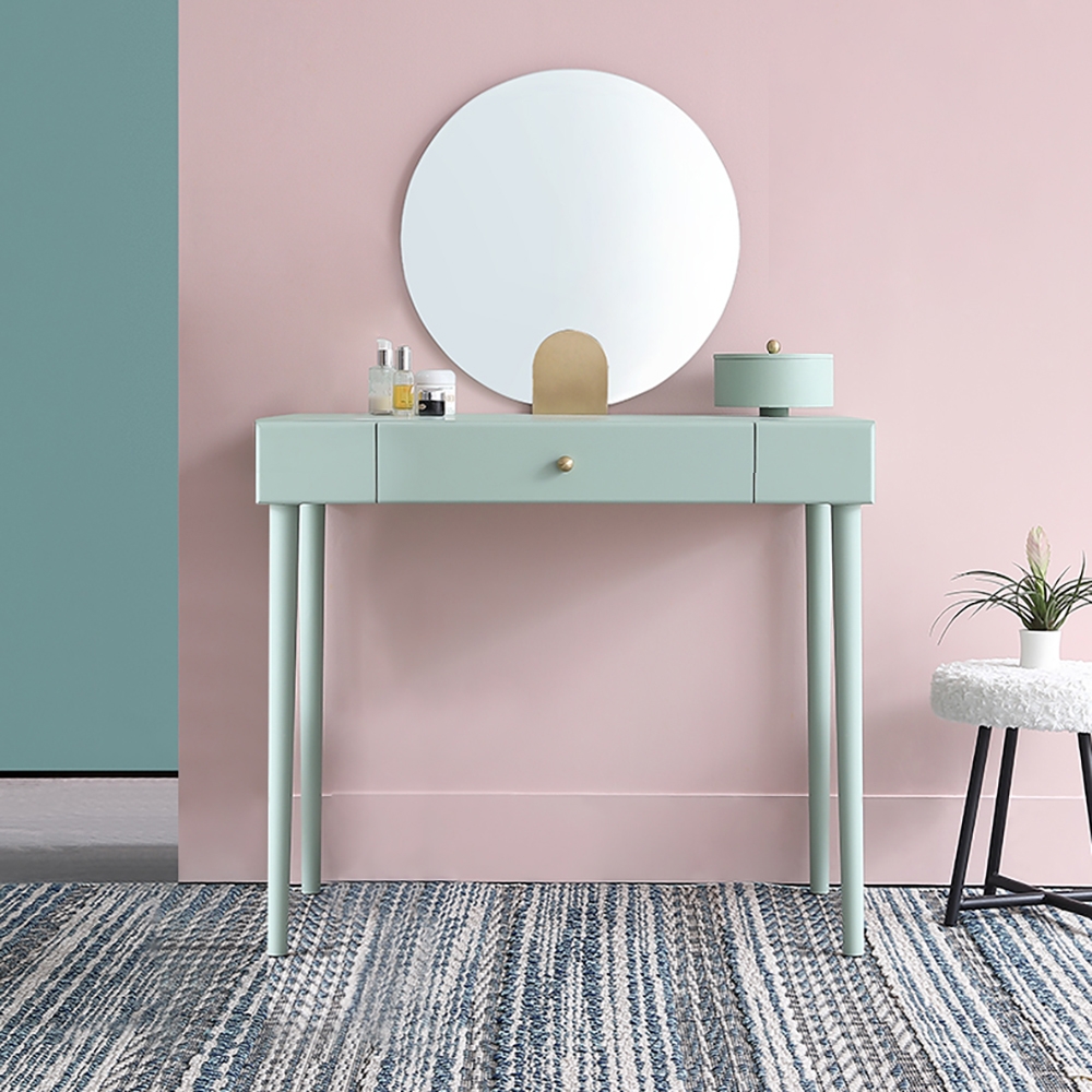 Moderne groene make-up kaptafel met lade en opbergdoos inclusief spiegel Vensterafbeelding