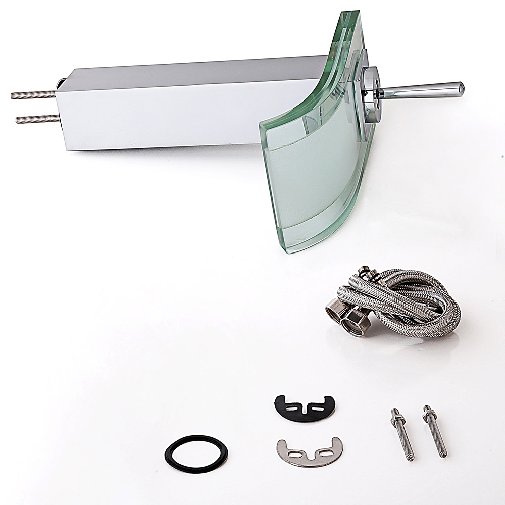 Co-crystal Single Lever Waterfall Bathroom Vessel Sink Faucet Curved Glass Spout Polished Chrome window image