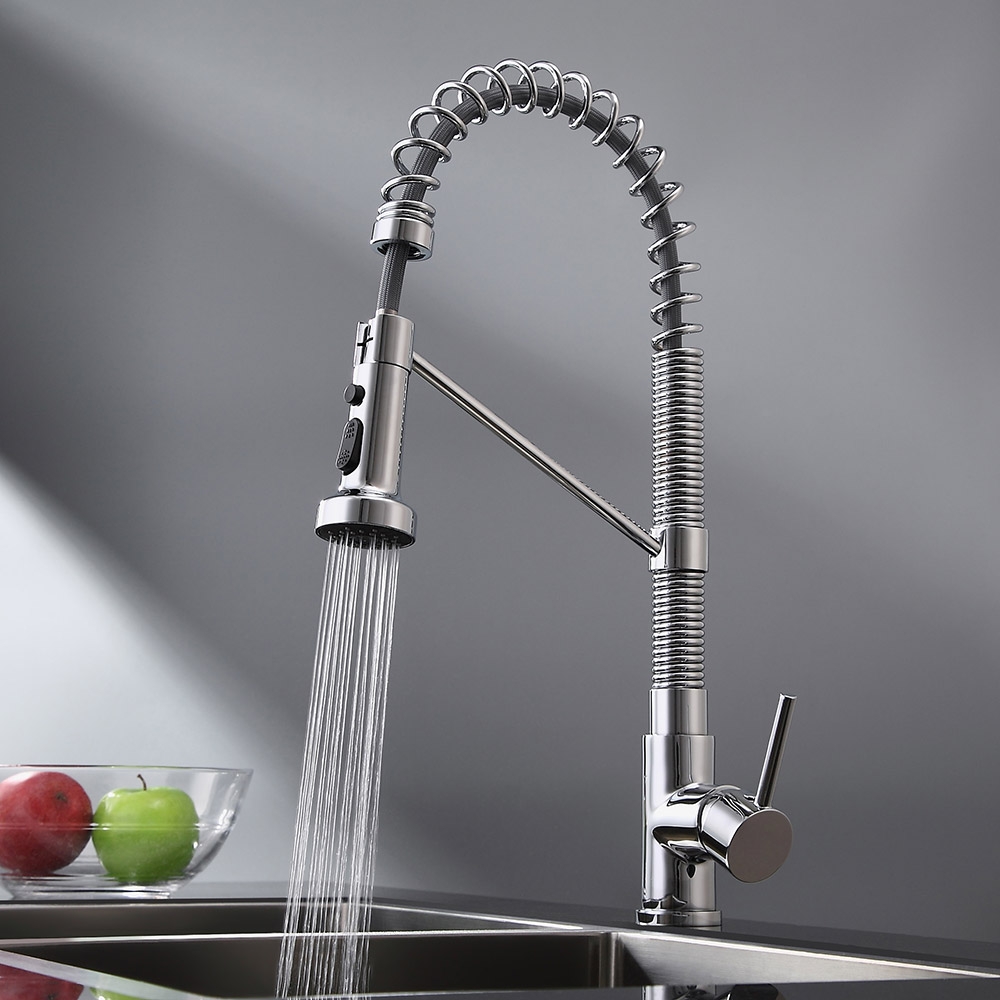 Contemporary Commercial Design Single Handle Dual Function Spring Pull-Out Kitchen Faucet in Chrome window image