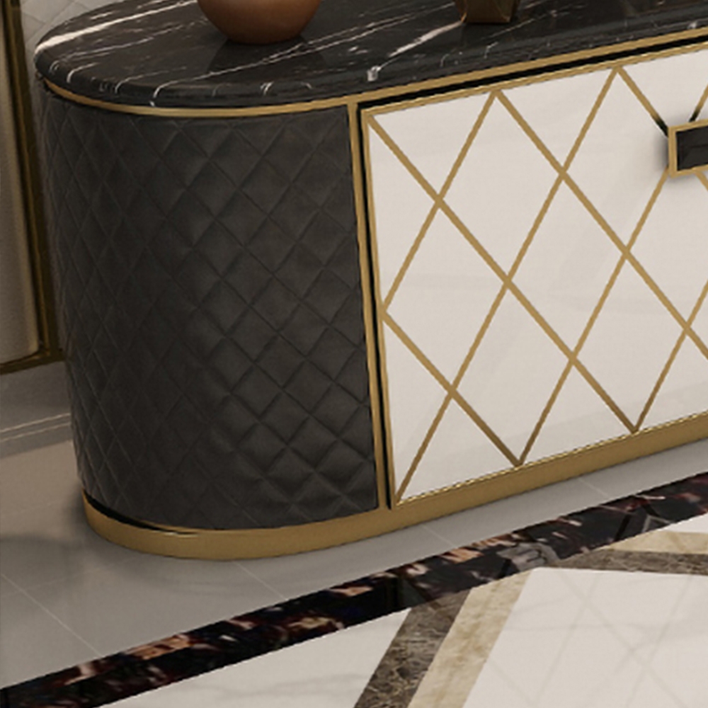 Contemporary Oval Coffee&White TV Stand Faux Marble Top Media Console with Doors for TVs up to 85" window image